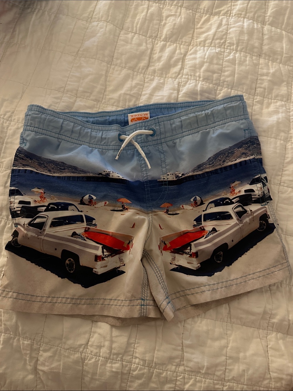 Sundek Boys Beach Truck Print Swim Trunks - Light Blue & White